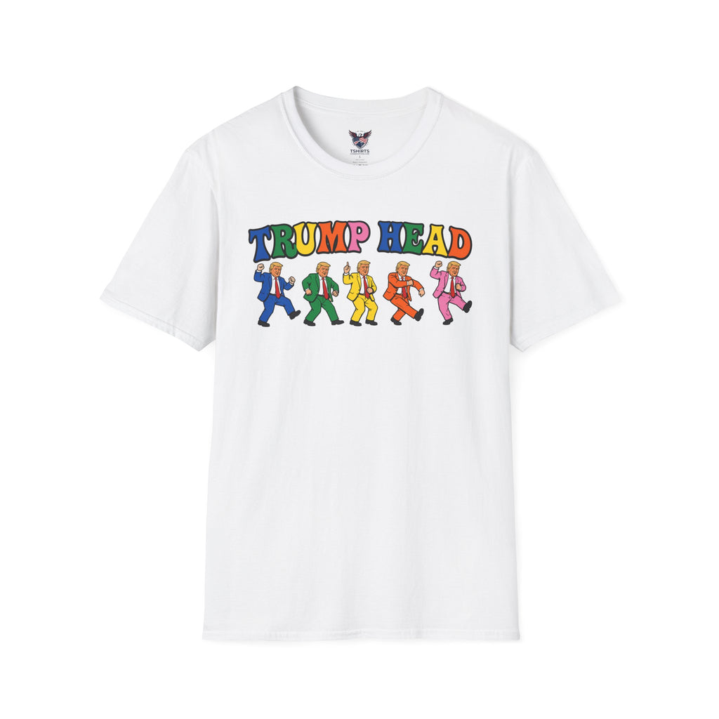 White Trump Head T-Shirt | Retro Cartoon Politician Parade, Colorful Text