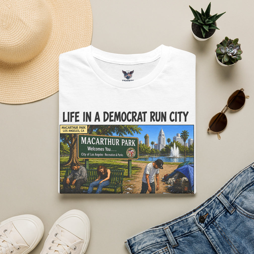 "Trump Patriot Shirt | America First T-Shirt | Conservative Republican Apparel | God Family Country Tee" | Life in a Democrat Run City T-Shirt | Political Satire Illustration