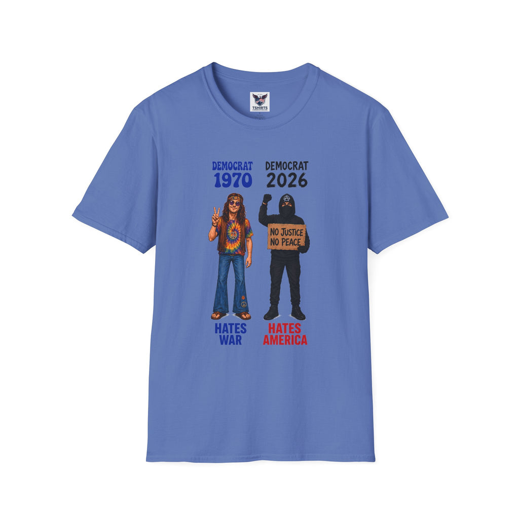 Democrat 1970 vs 2026 Political Comparison T-Shirt — "No Justice No Peace" Design