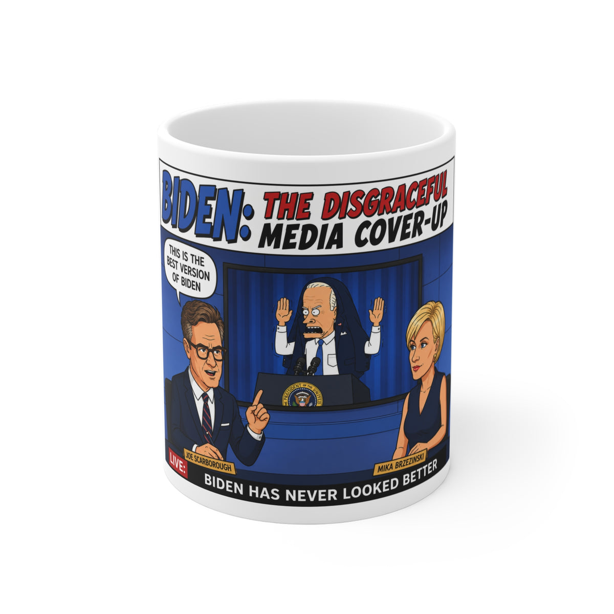 Funny Political Parody Coffee Mug – Satirical Media Cover-Up Novelty Ceramic Cup & Sarcastic Gag Gift