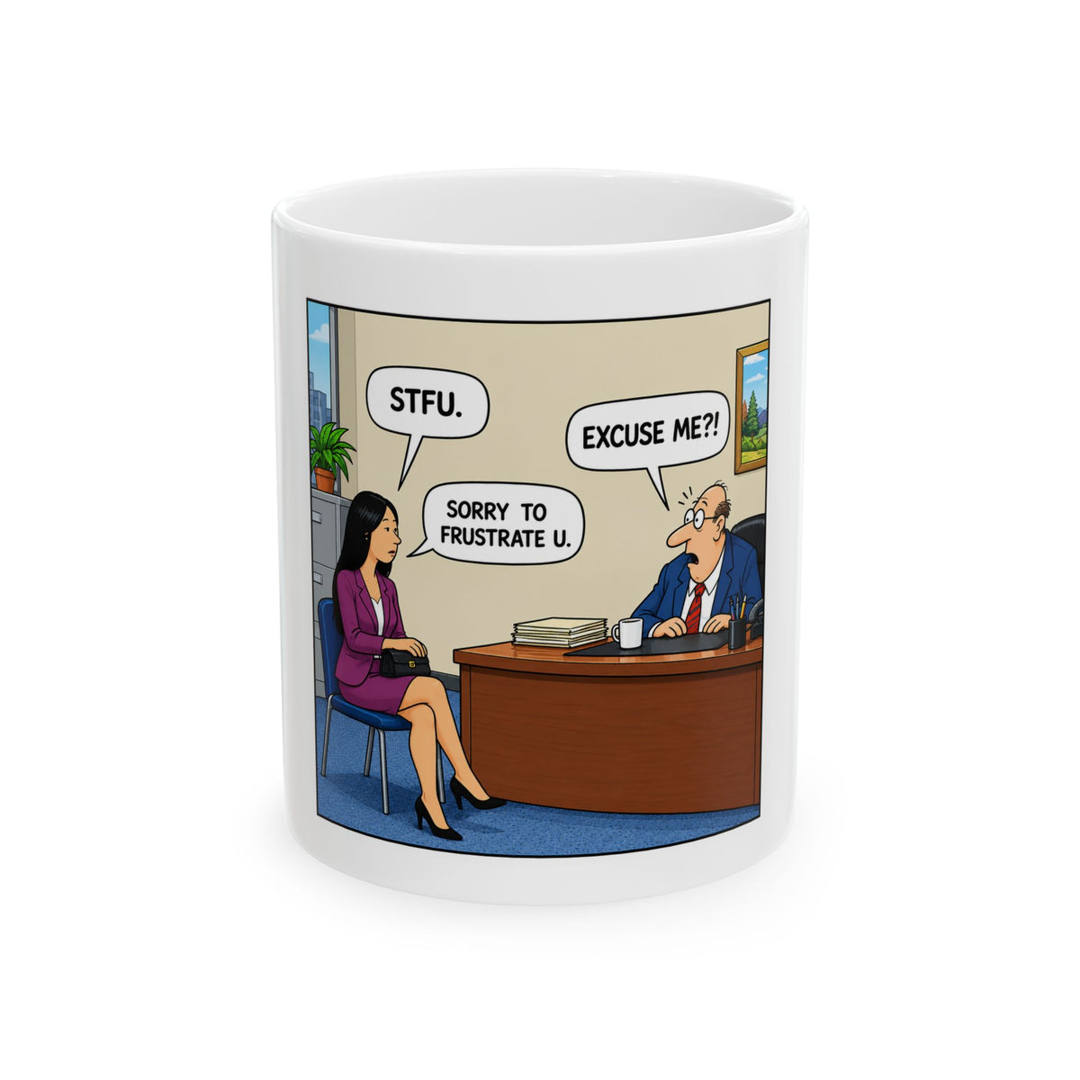 Funny Office Mug – 'STFU. Sorry to Frustrate U.' Cartoon Interview Coffee Mug (11oz/15oz)