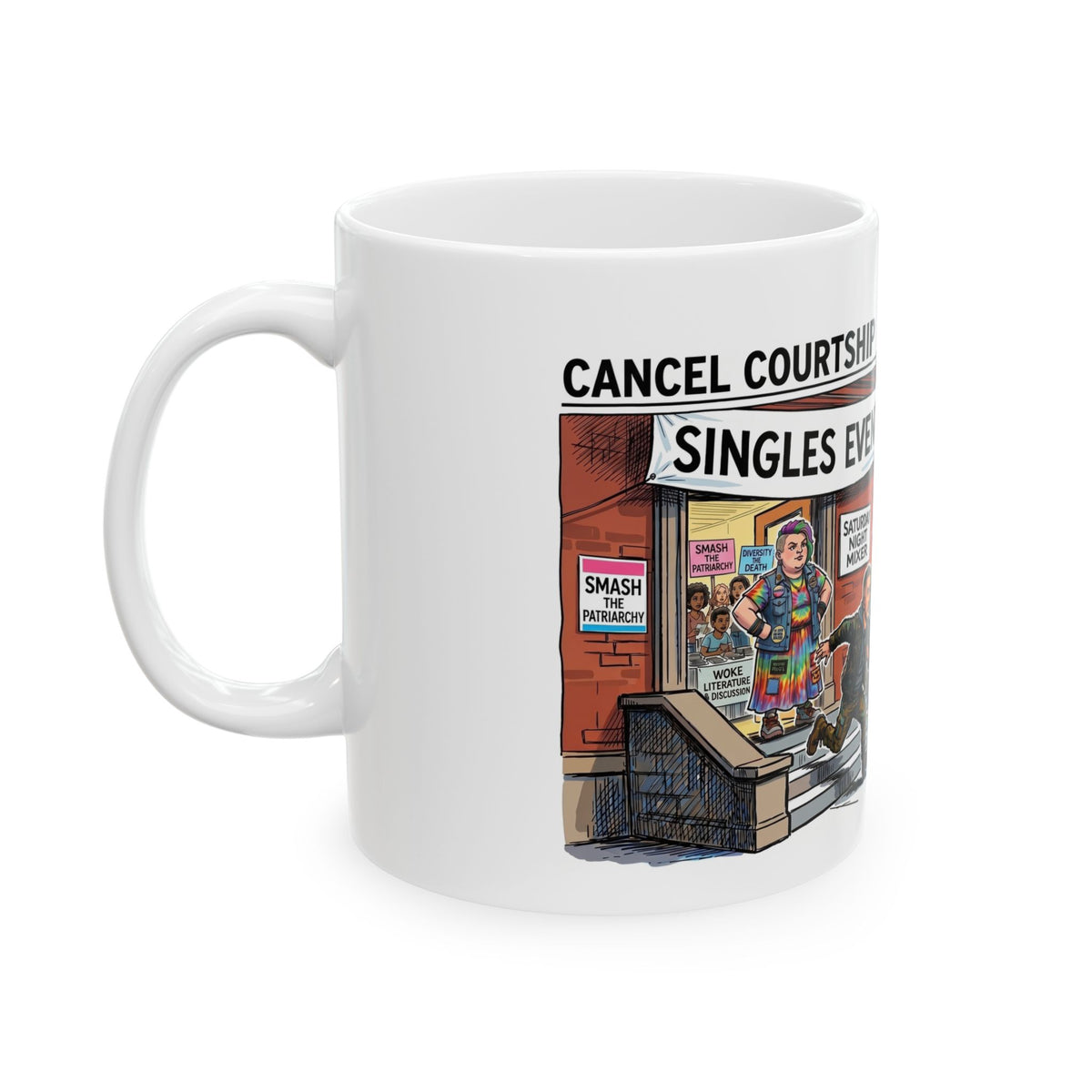 Men Fleeing Singles Woke Women Event Mug | Humorous Comic Illustration Ceramic Mug