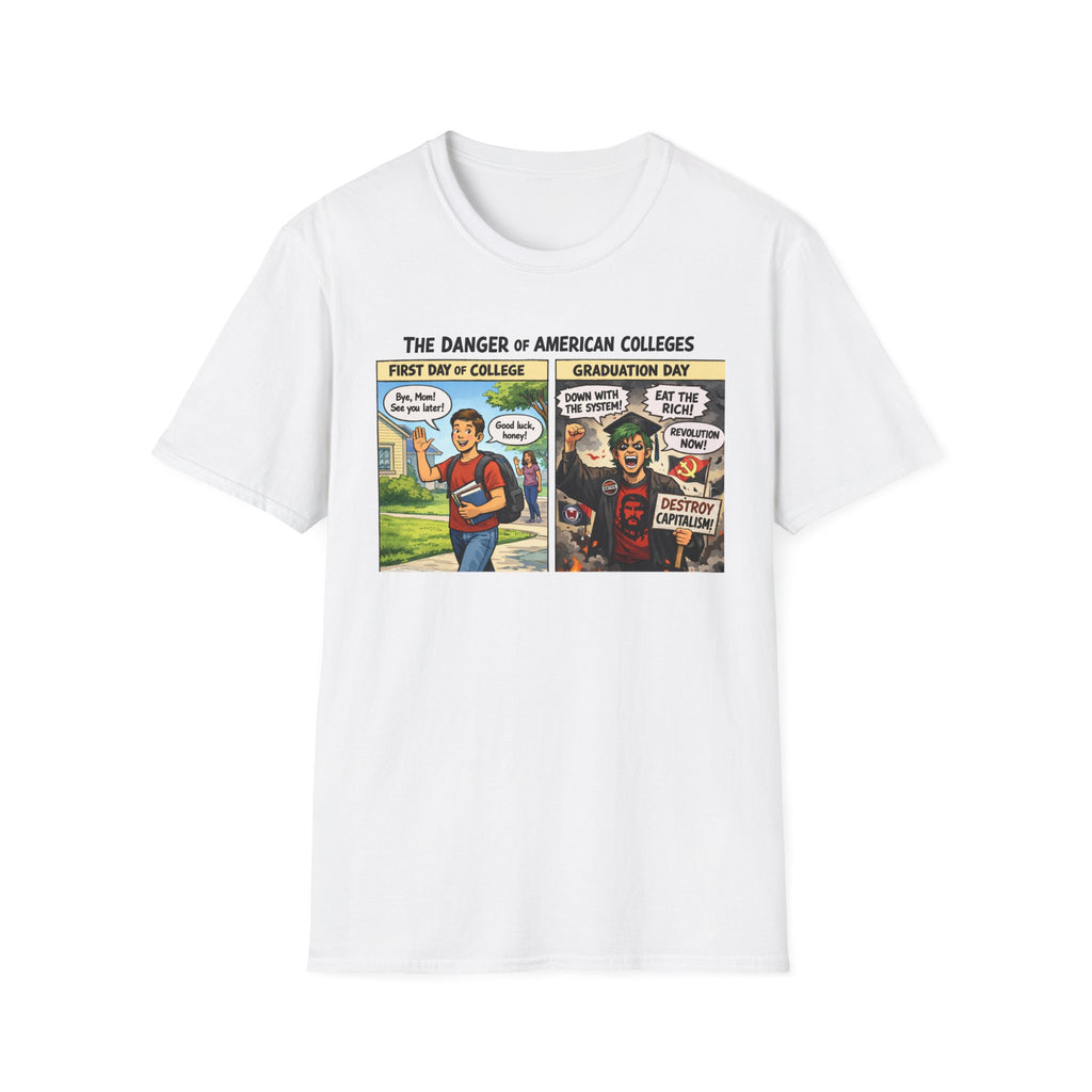 "Trump Patriot Shirt | America First T-Shirt | Conservative Republican Apparel | God Family Country Tee" | anti-woke tshirt | College Comic Panel T-Shirt | First Day vs Graduation Satire