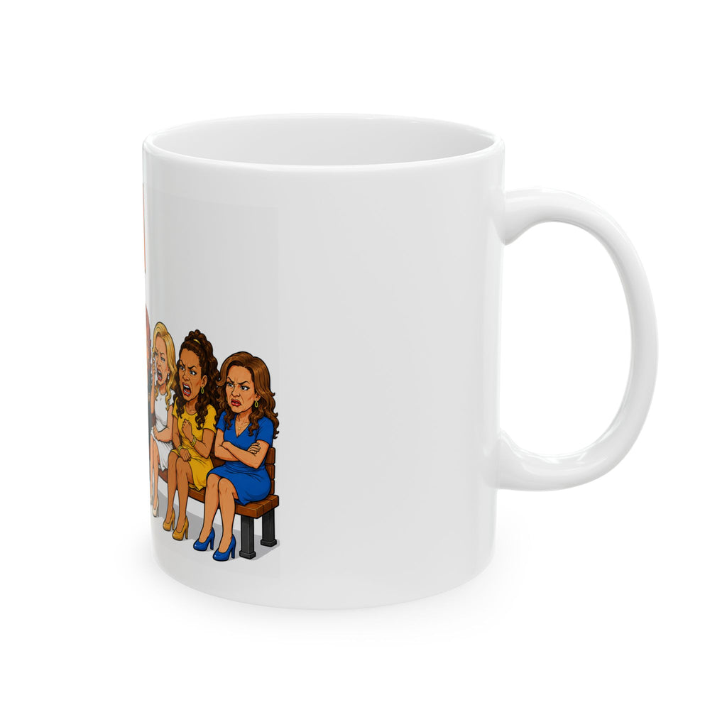 Talk Show Women Cartoon Lineup Mug | Political Satire Ceramic Mug