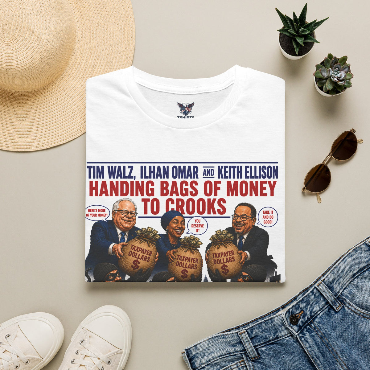 Handing Bags of Money to Crooks T-Shirt | Political Satire Tee