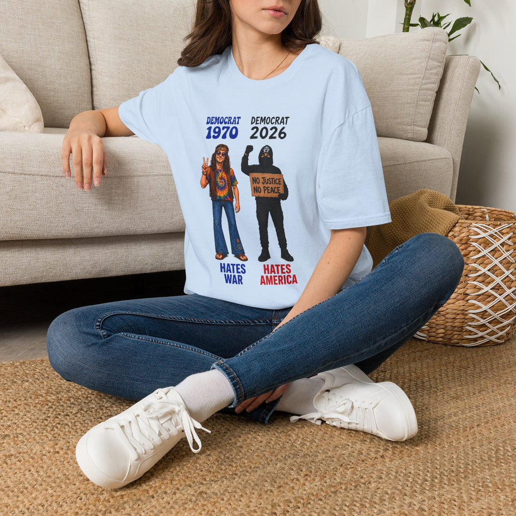 Democrat 1970 vs 2026 Political Comparison T-Shirt — "No Justice No Peace" Design