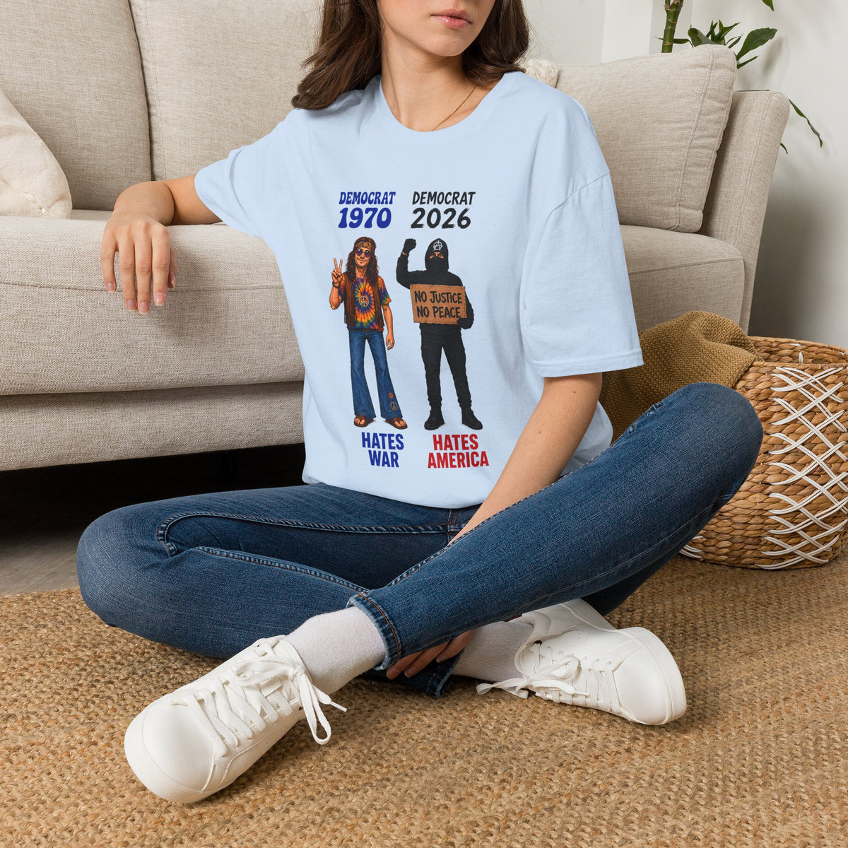 Democrat 1970 vs 2026 Political Comparison T-Shirt — "No Justice No Peace" Design
