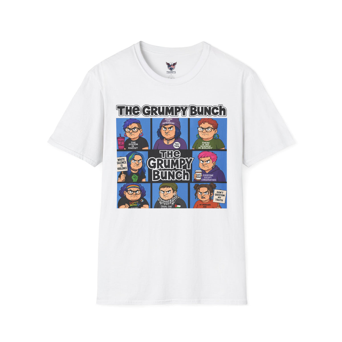 The Grumpy Bunch White T-Shirt | Cartoon Grumpy Faces, Funny Comic Panel
