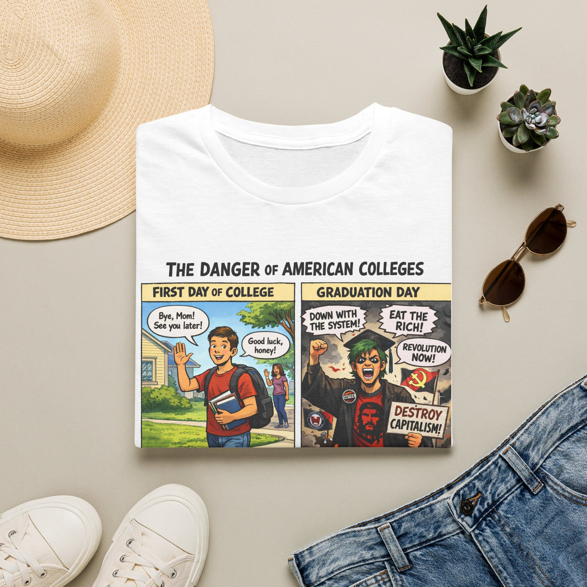 "Trump Patriot Shirt | America First T-Shirt | Conservative Republican Apparel | God Family Country Tee" | anti-woke tshirt | College Comic Panel T-Shirt | First Day vs Graduation Satire