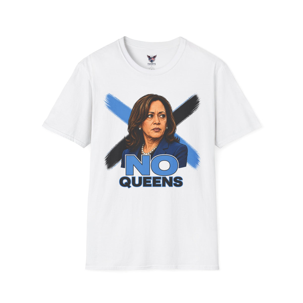 Kammala Harris Powder Blue No Queens T-Shirt | Political Face Illustration, Blue Black Brush X