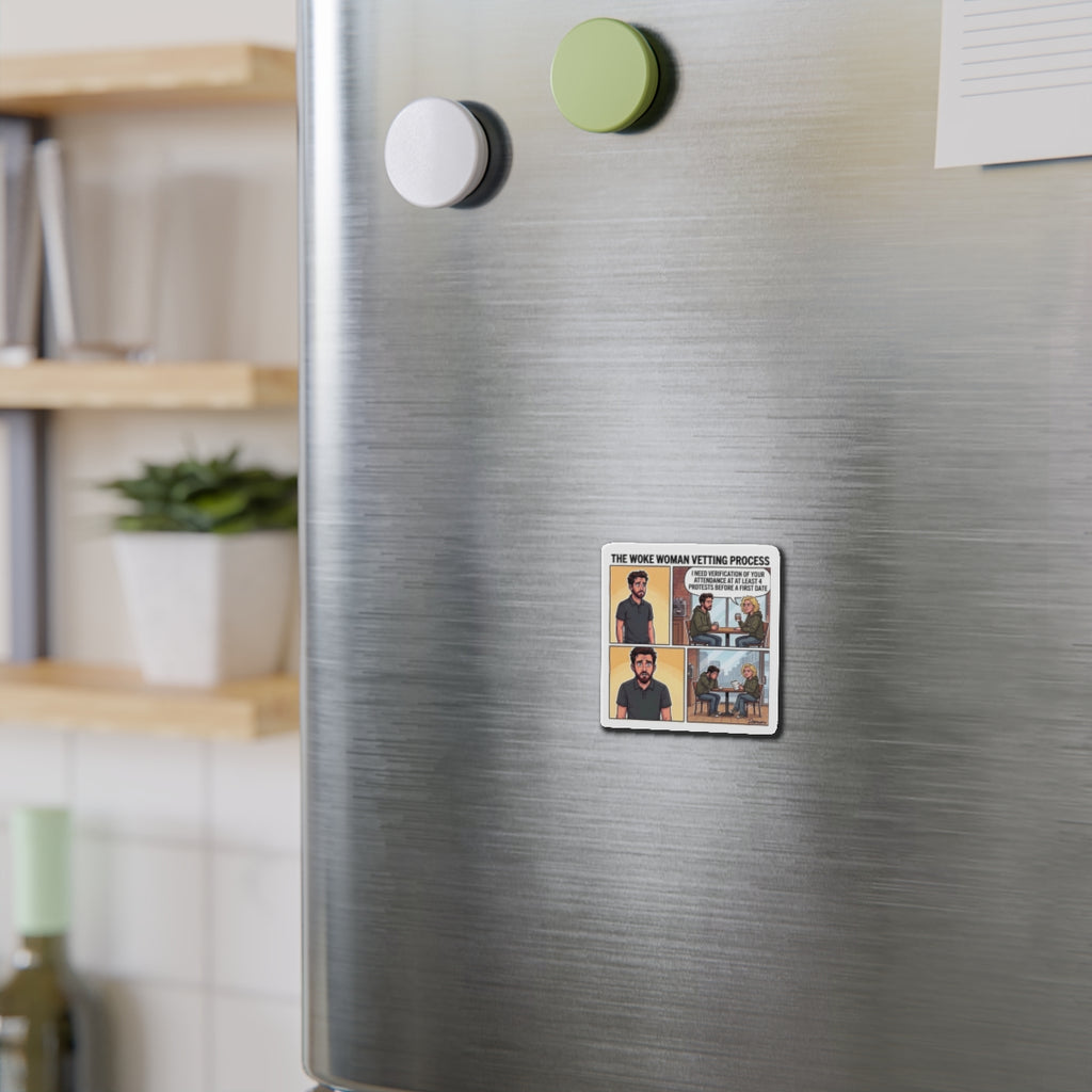 The Woke Woman Vetting Process Die-Cut Magnet | Comic Panel Refrigerator Magnet