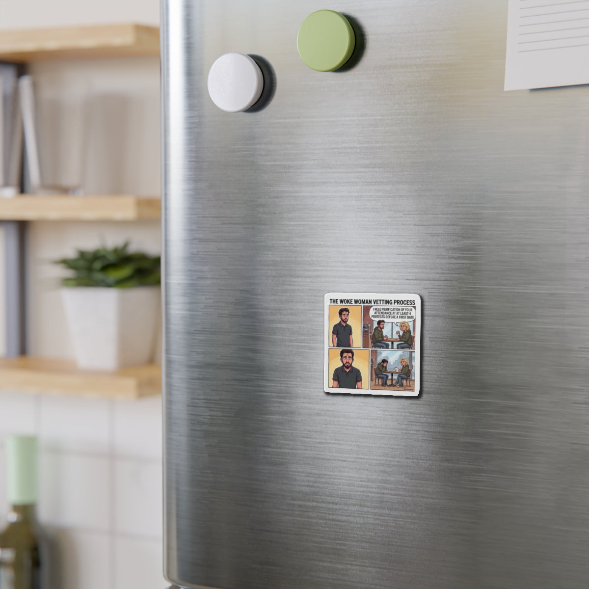 The Woke Woman Vetting Process Die-Cut Magnet | Comic Panel Refrigerator Magnet