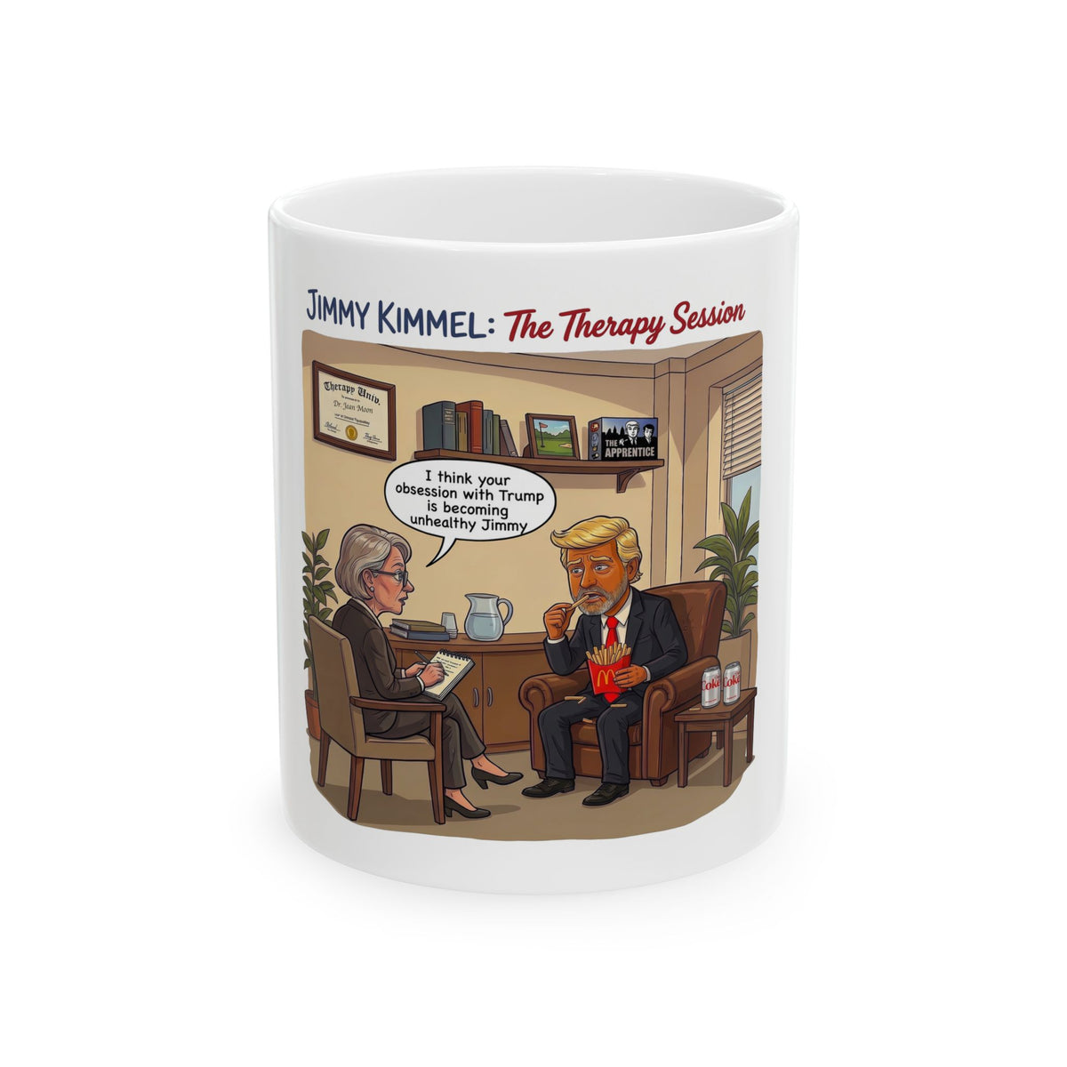 Jimmy Kimmel 'The Therapy Session' Turning into Trump Cartoon Mug | Political Satire Coffee Mug