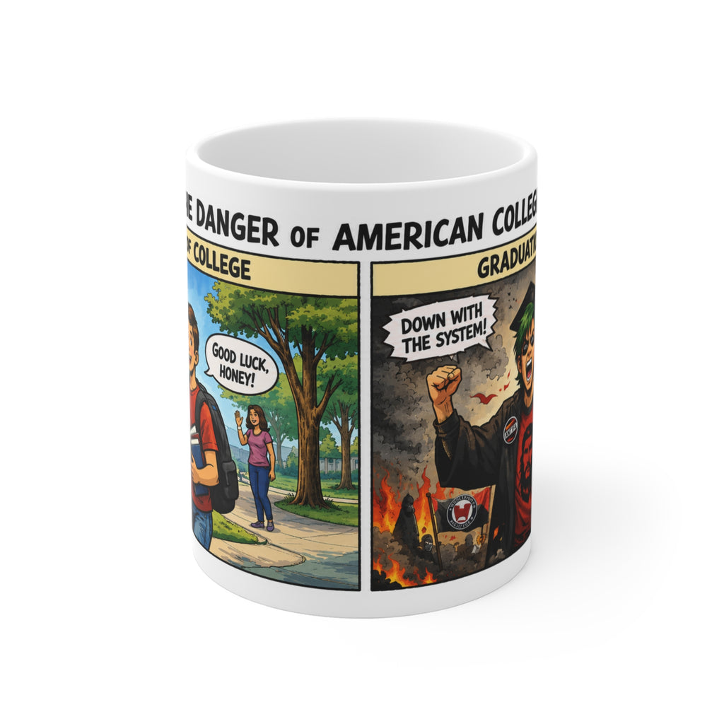 American Colleges Graduation Satire Mug | Funny Comic Strip Gift