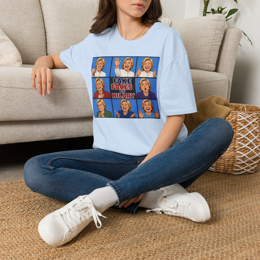 Political Parody T-Shirt — "Fake Faces of Hilary" Graphic Tee