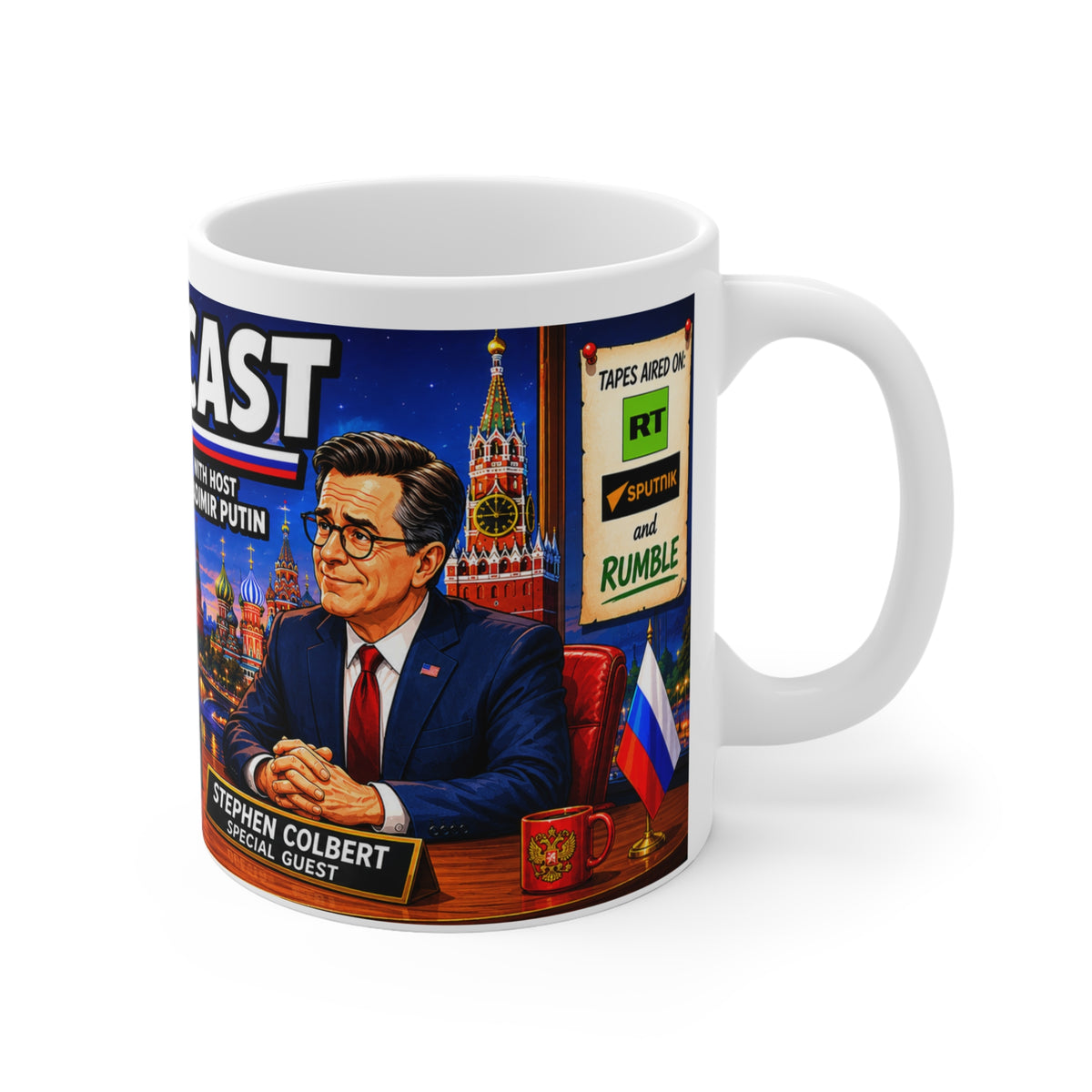 VLAD CAST PUTIN WITH COLBERT JOKE MUG Novelty Political Mug — 'VladCast' Talk Show Design