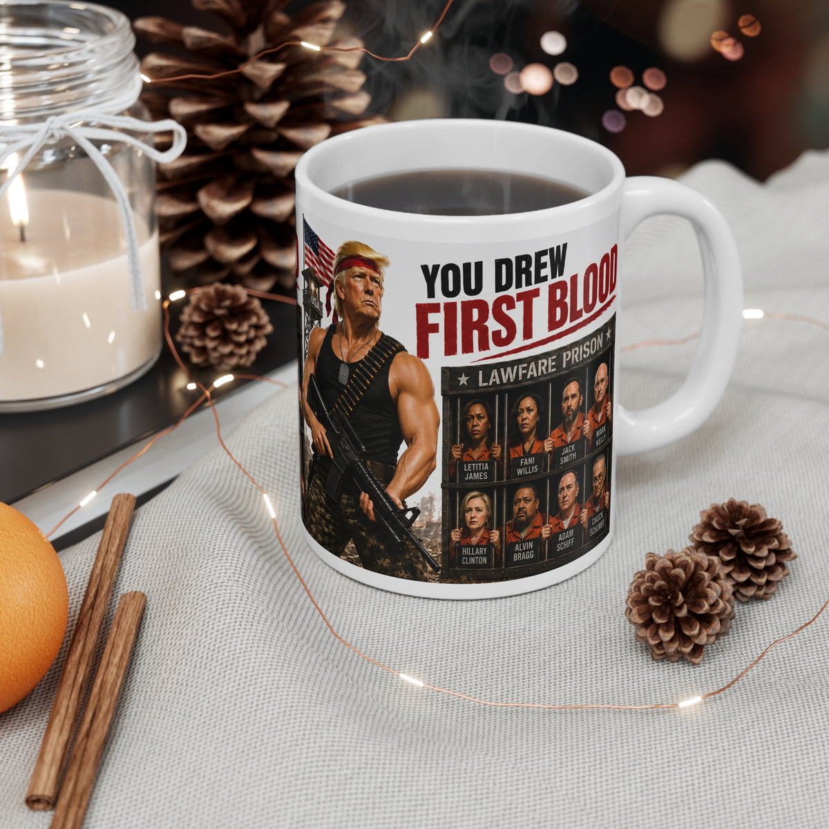 11oz Mug - Patriotic Trump Rambo Satire "You Drew First Blood' Military Cartoon Coffee Cup
