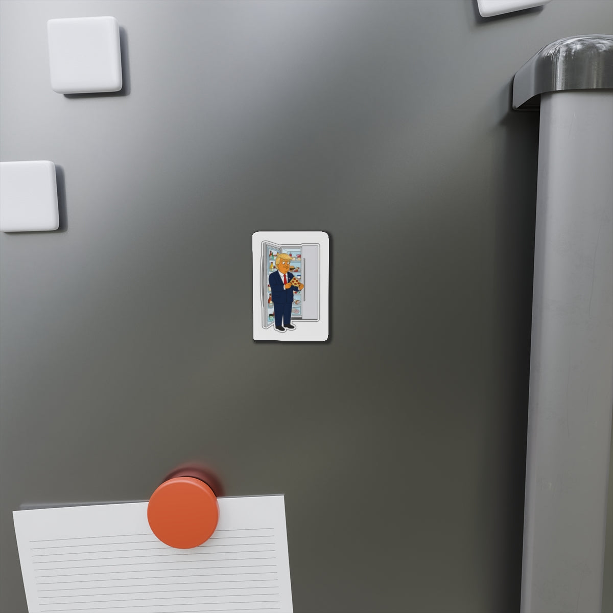 Cartoon Trump Eating Pizza Magnet | Die-Cut Refrigerator Magnet