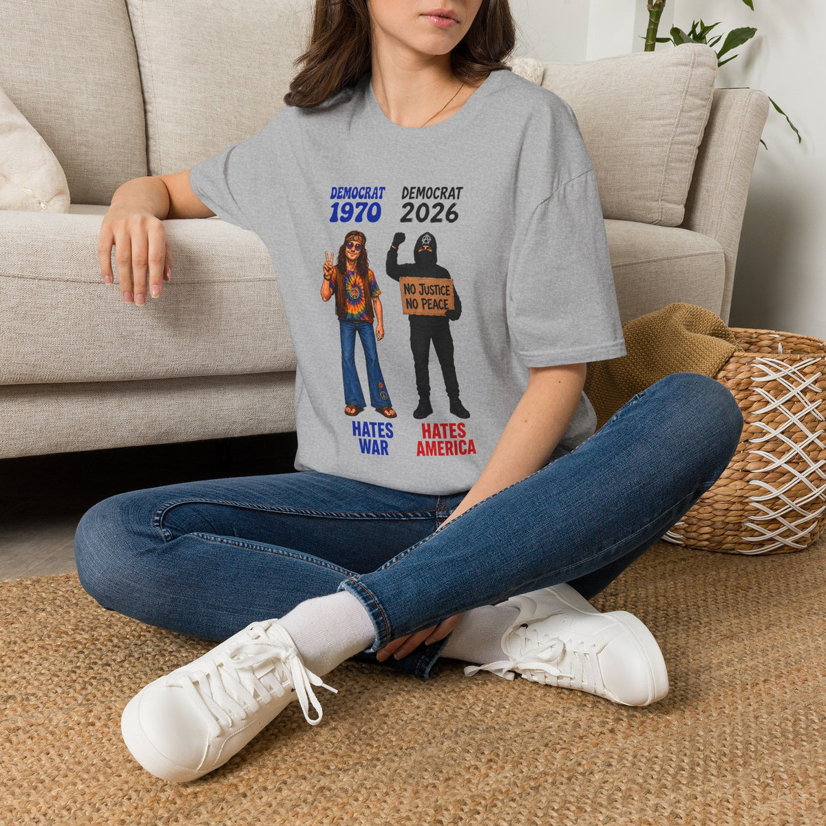 Democrat 1970 vs 2026 Political Comparison T-Shirt — "No Justice No Peace" Design