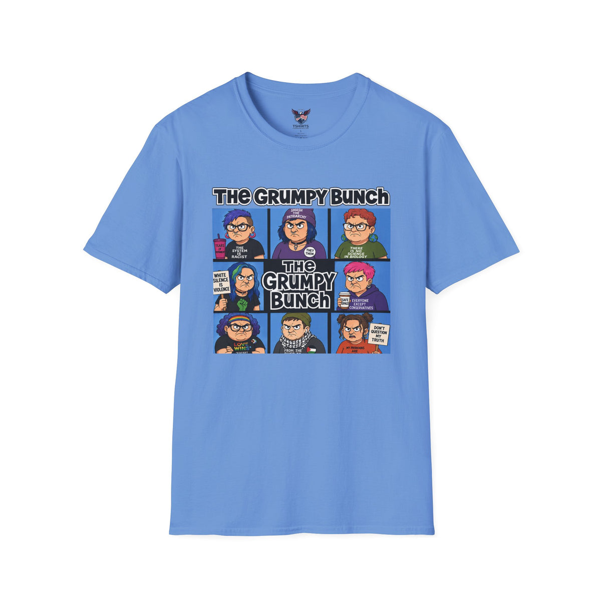 The Grumpy Bunch Carolina Blue T-Shirt | Cartoon Grumpy Faces Tee