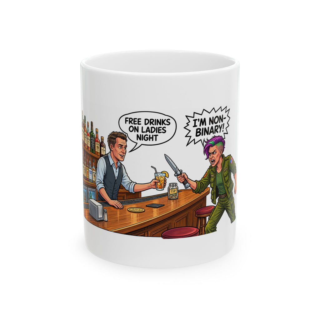 Ladies Night Turns Violent w. Non Binary Patron — Funny Bartender Comic 'Free Drinks on Ladies Night / I'm Non-Binary'