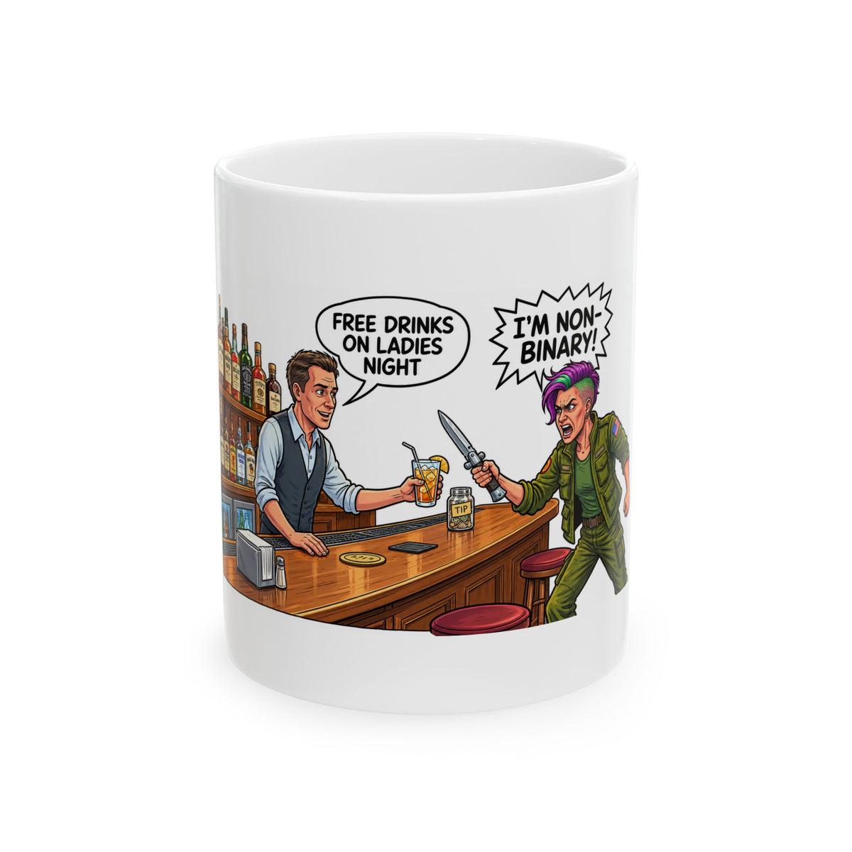 Ladies Night Turns Violent w. Non Binary Patron — Funny Bartender Comic 'Free Drinks on Ladies Night / I'm Non-Binary'