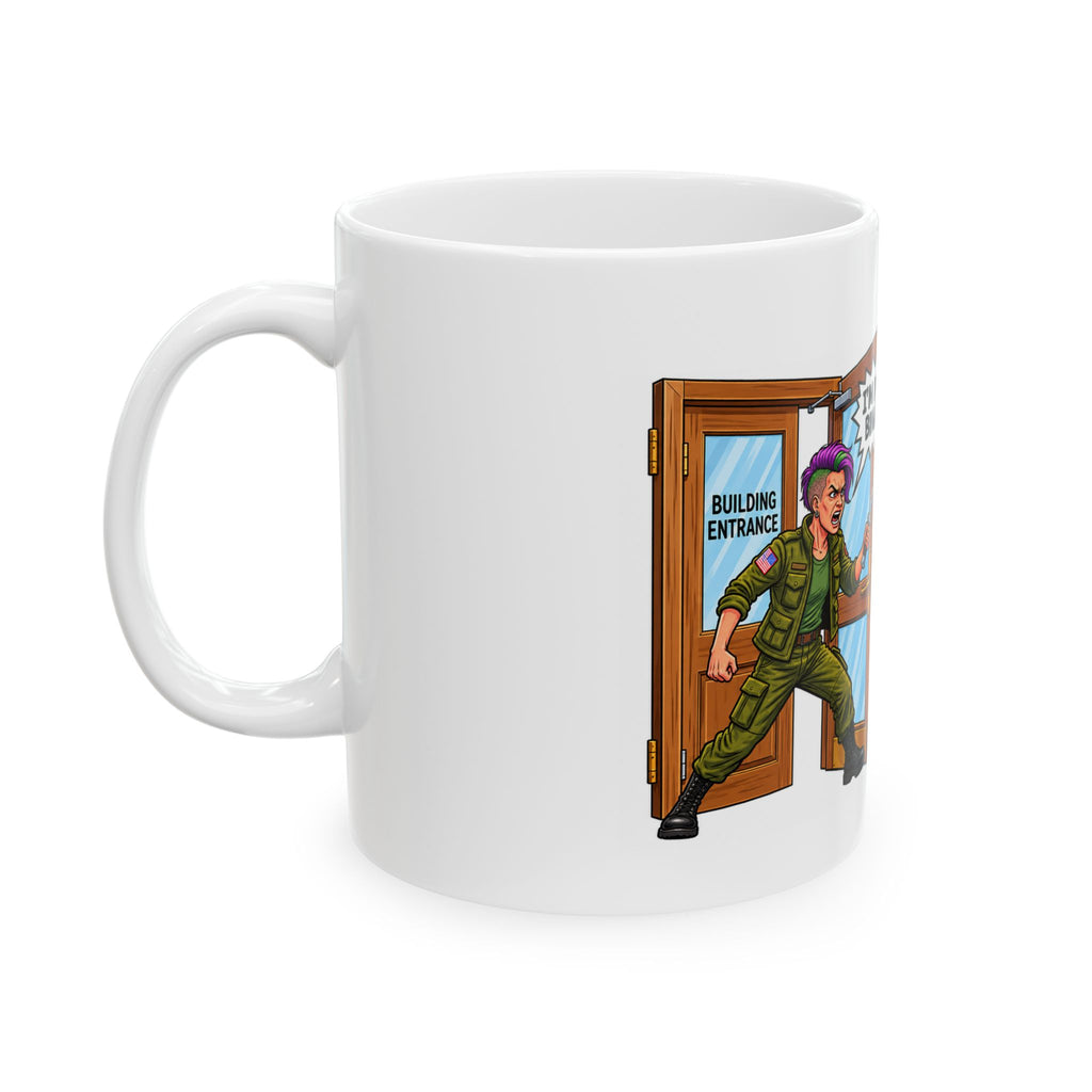 Non-Binary Thug Pulls Knife Mug — Inclusive Pride Ceramic Coffee Cup (11oz, 15oz)