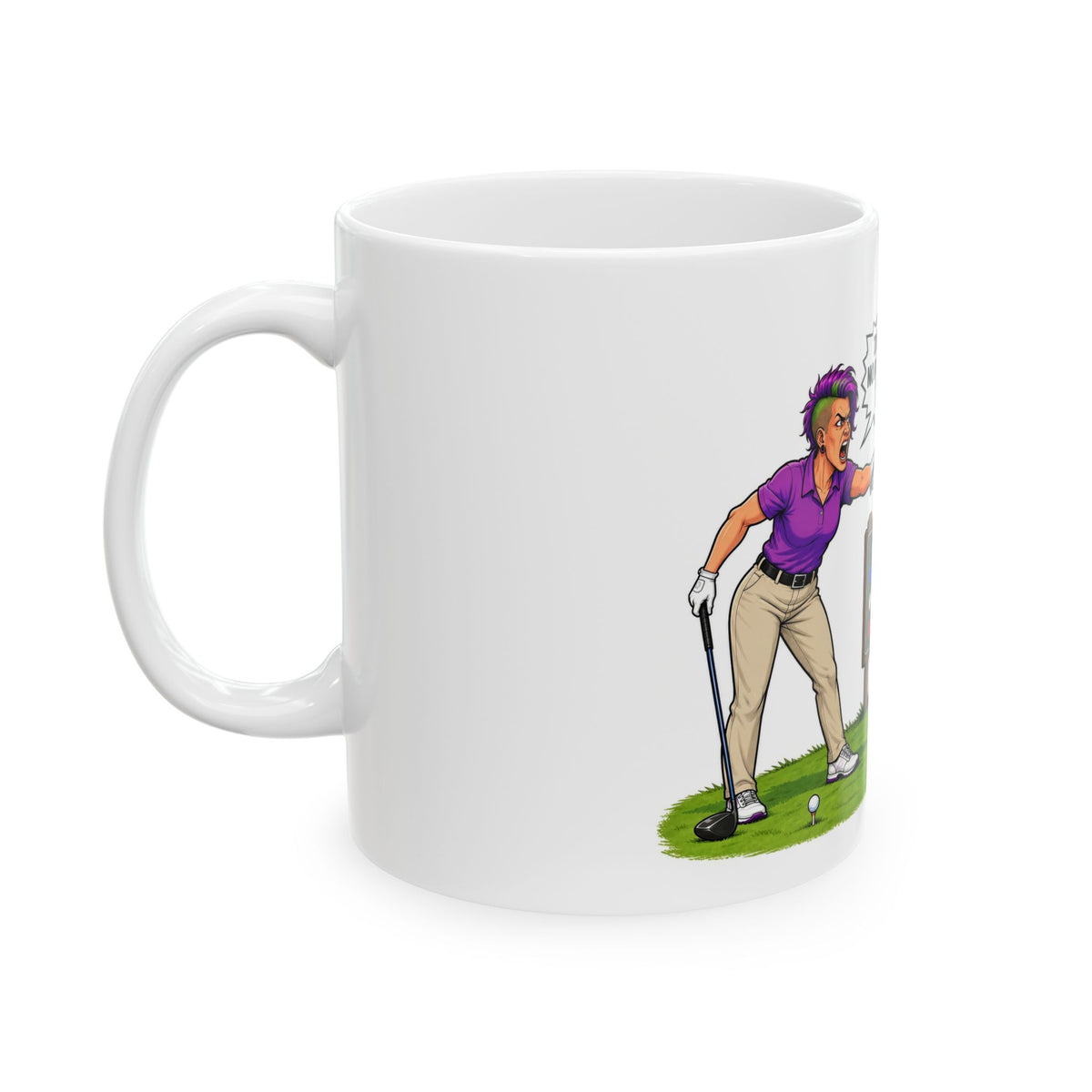Ceramic Mug - Humorous Golf Cartoon 'There Are No Non-Binary Tees?!'