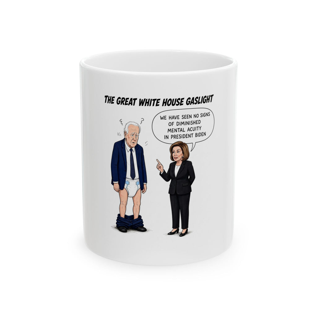 Political Satire Ceramic Mug — "The Great White House Gaslight" Featuring Biden Cartoon
