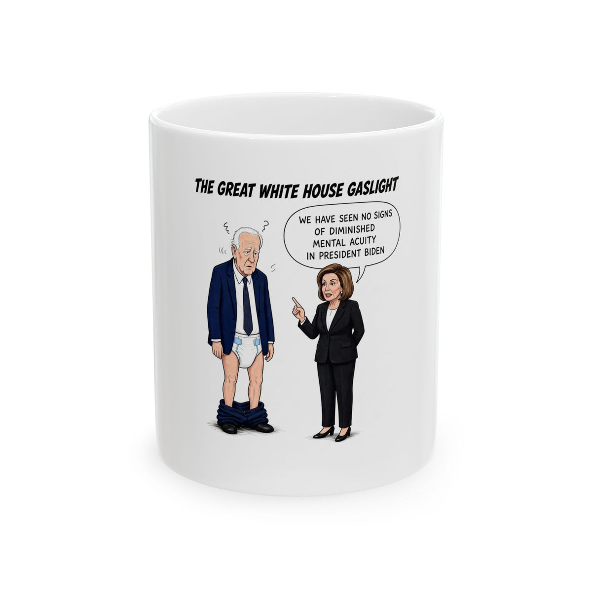 Political Satire Ceramic Mug — "The Great White House Gaslight" Featuring Biden Cartoon