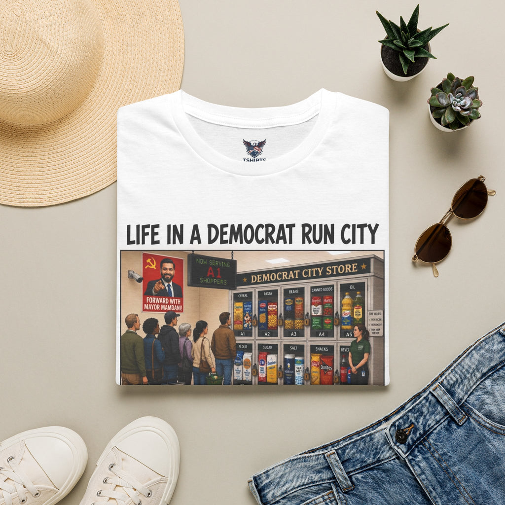 "Trump Patriot Shirt | America First T-Shirt | Conservative Republican Apparel | God Family Country Tee" |Life In A Democrat Run City T-Shirt | Political Satire, City Street Illustration