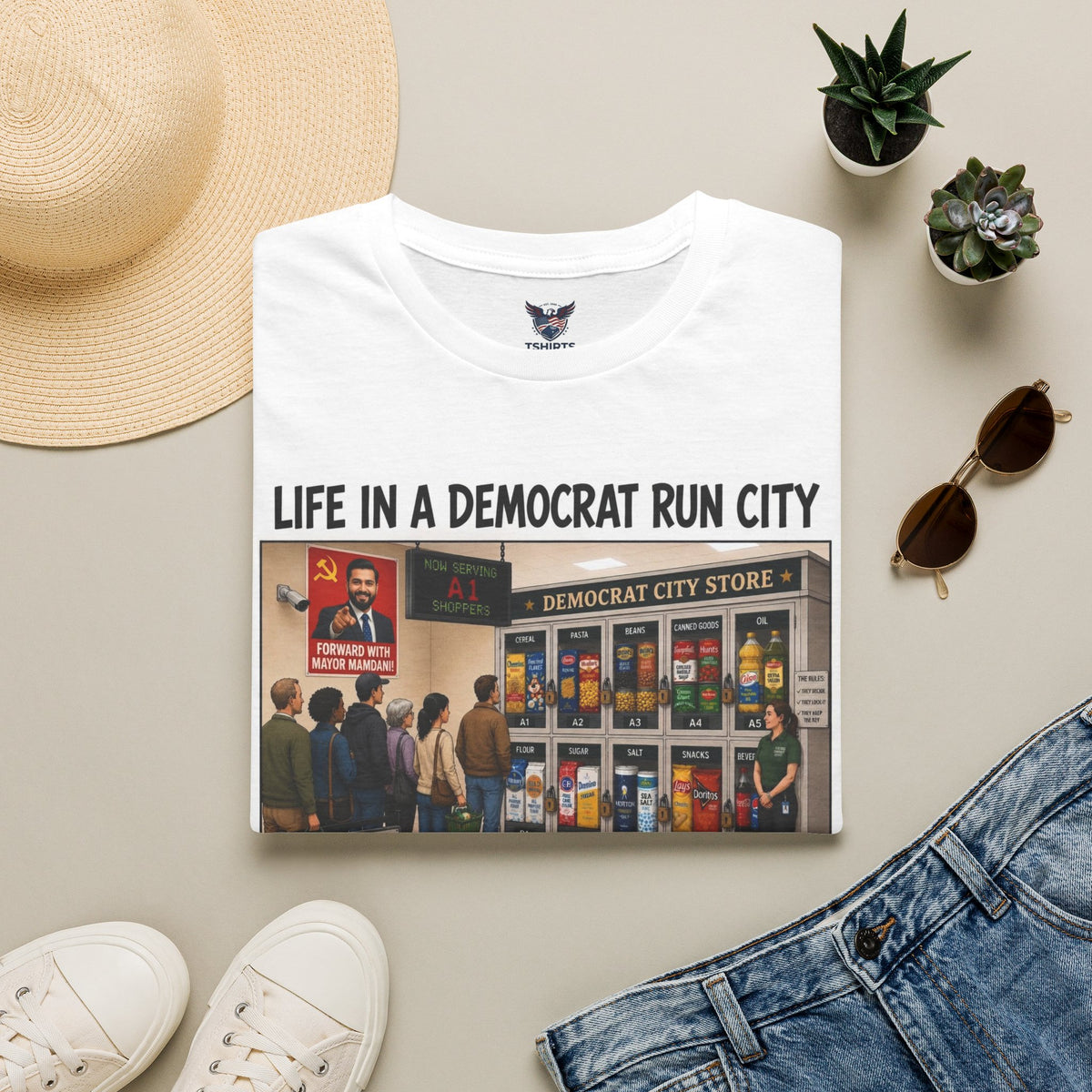 "Trump Patriot Shirt | America First T-Shirt | Conservative Republican Apparel | God Family Country Tee" |Life In A Democrat Run City T-Shirt | Political Satire, City Street Illustration