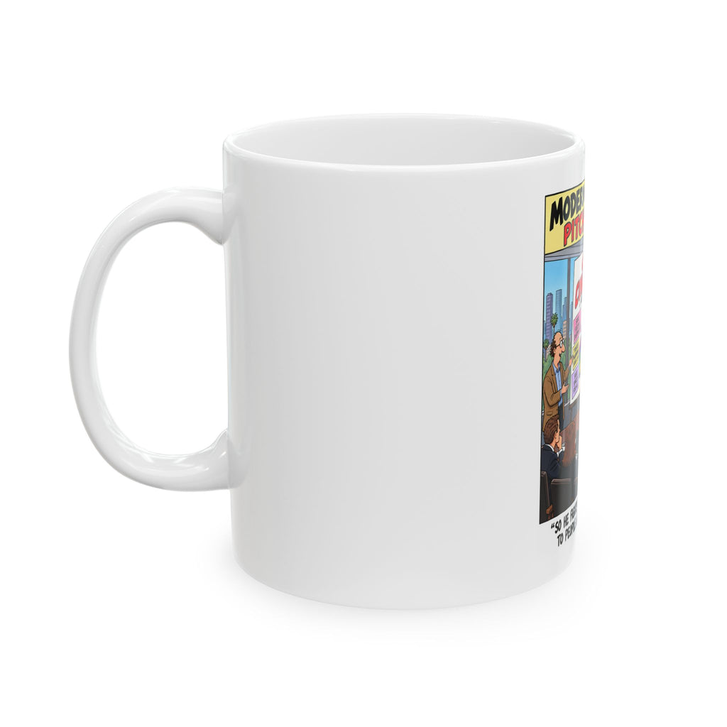 Modern Hollywood Pitch Meetings Cartoon Ceramic Mug – “Captain Consideration” Funny Office Coffee Cup