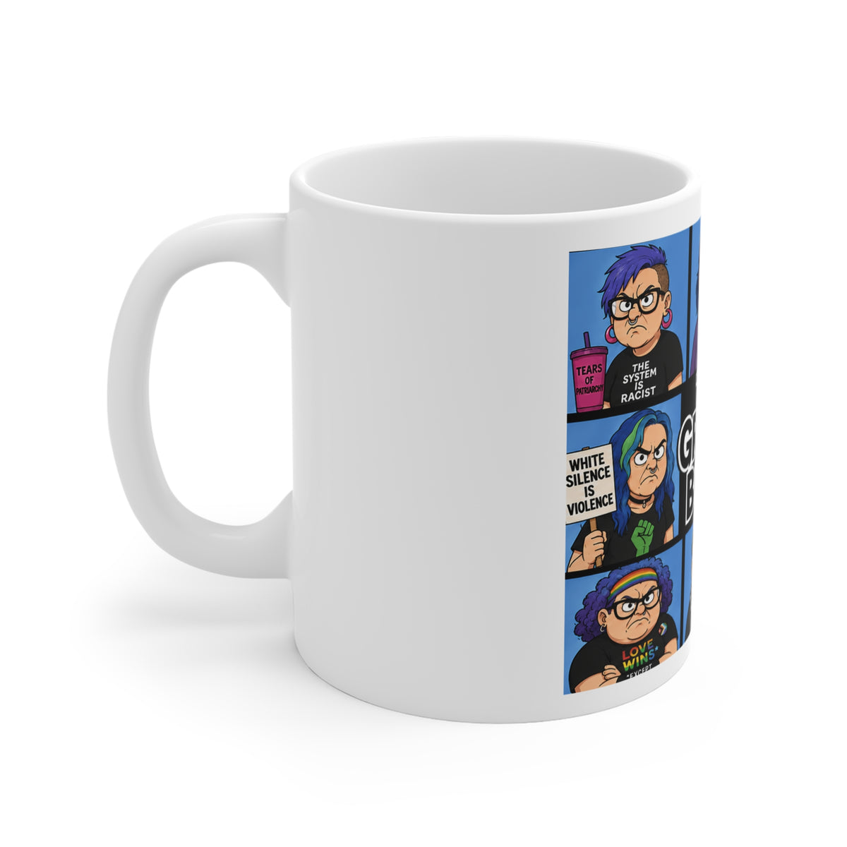 The Grumpy Bunch Satirical Coffee Mug – Funny Anti-Woke Political Humor Novelty Cup, Sarcastic Cartoon Parody Gift