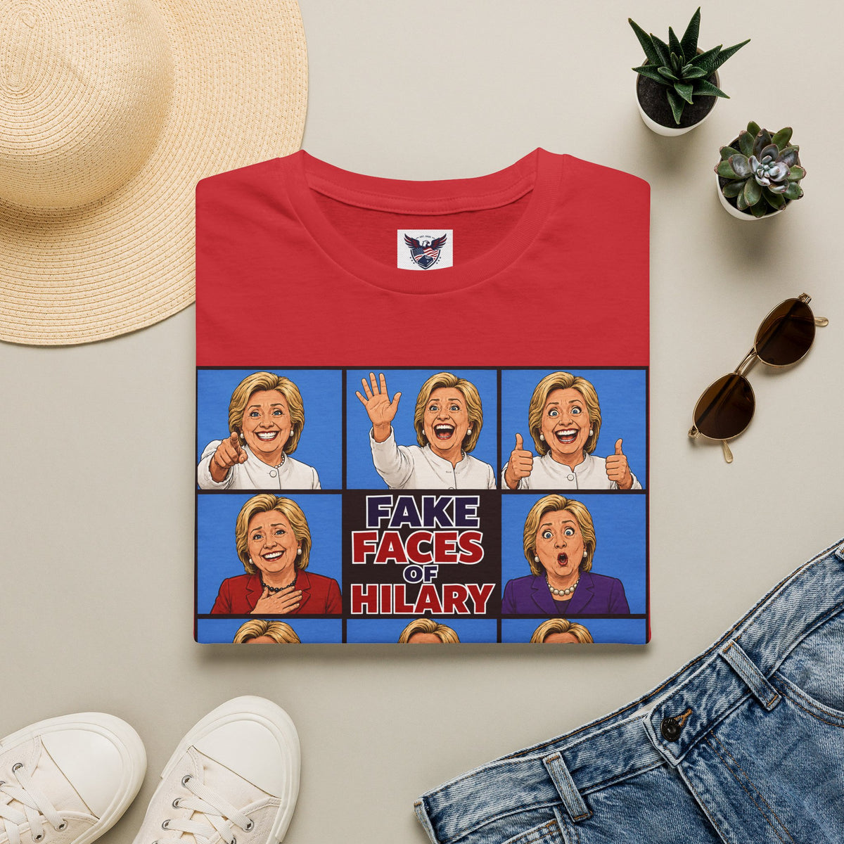 Political Parody T-Shirt — "Fake Faces of Hilary" Graphic Tee