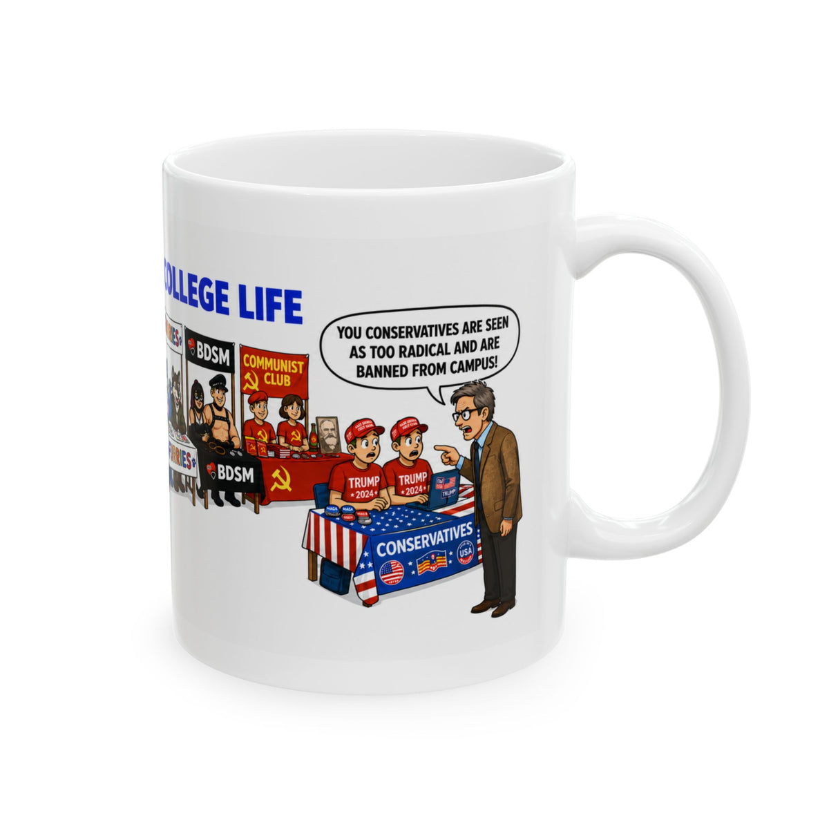College Life Cartoon Ceramic Mug – Liberal Bias in Academia Humorous Campus Panels (11oz & 15oz)