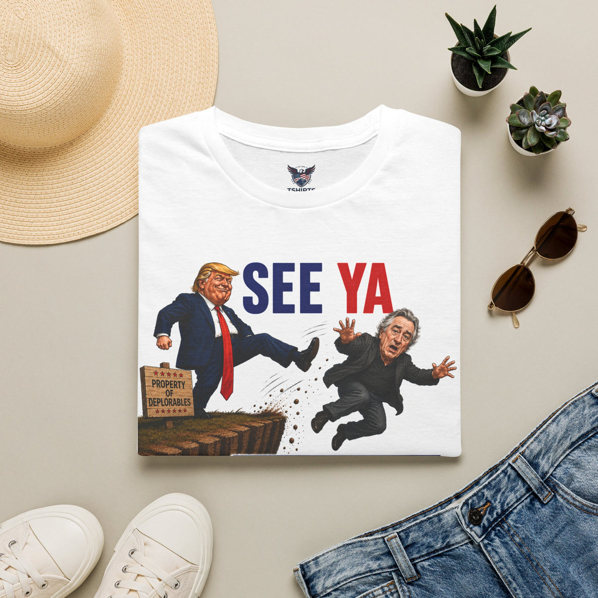 See Ya DeNiro T-Shirt | Political Cartoon Trump Kicking De Niro