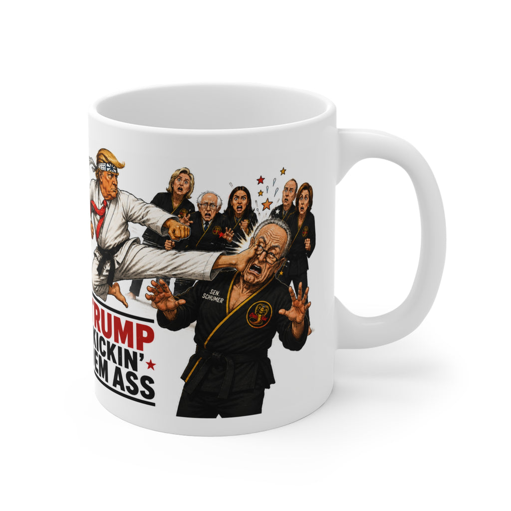 TRUMP KARATE KID Political Satire Mug — 'Trump Kickin' Dem Ass' 11oz Coffee Cup