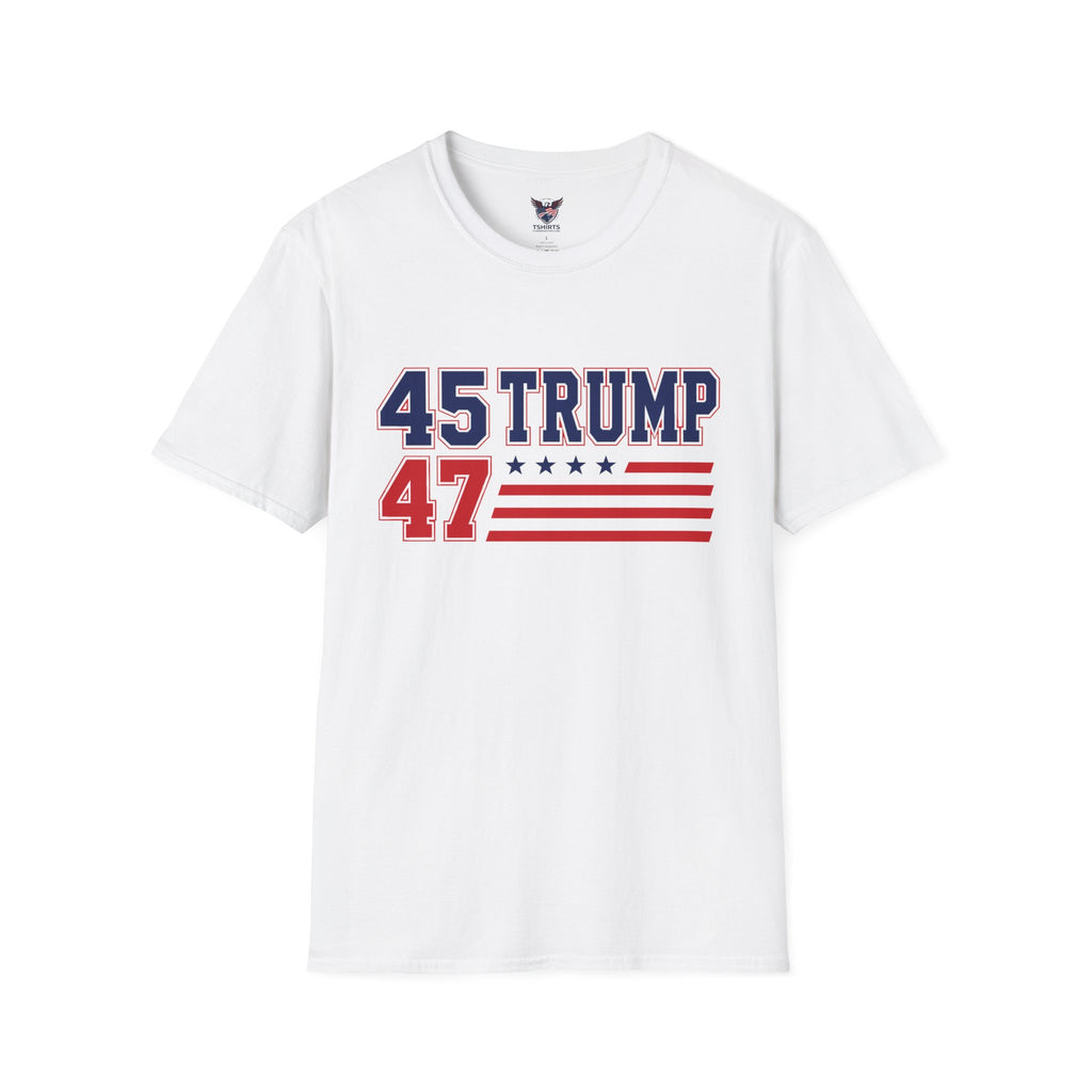"Trump 45/47 Patriot Shirt | America First T-Shirt | Conservative Republican Apparel | God Family Country Tee" | anti-woke tshirt | Trump 45/47 Patriotic T-Shirt — 45 Trump 47 with Stars & Stripes