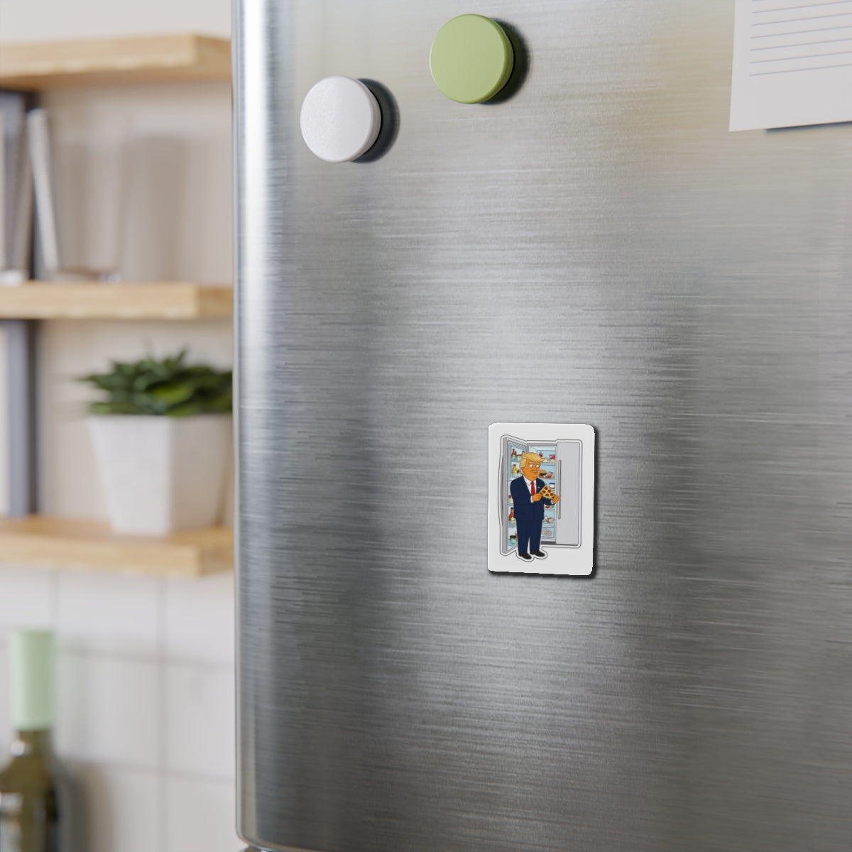 Cartoon Trump Eating Pizza Magnet | Die-Cut Refrigerator Magnet