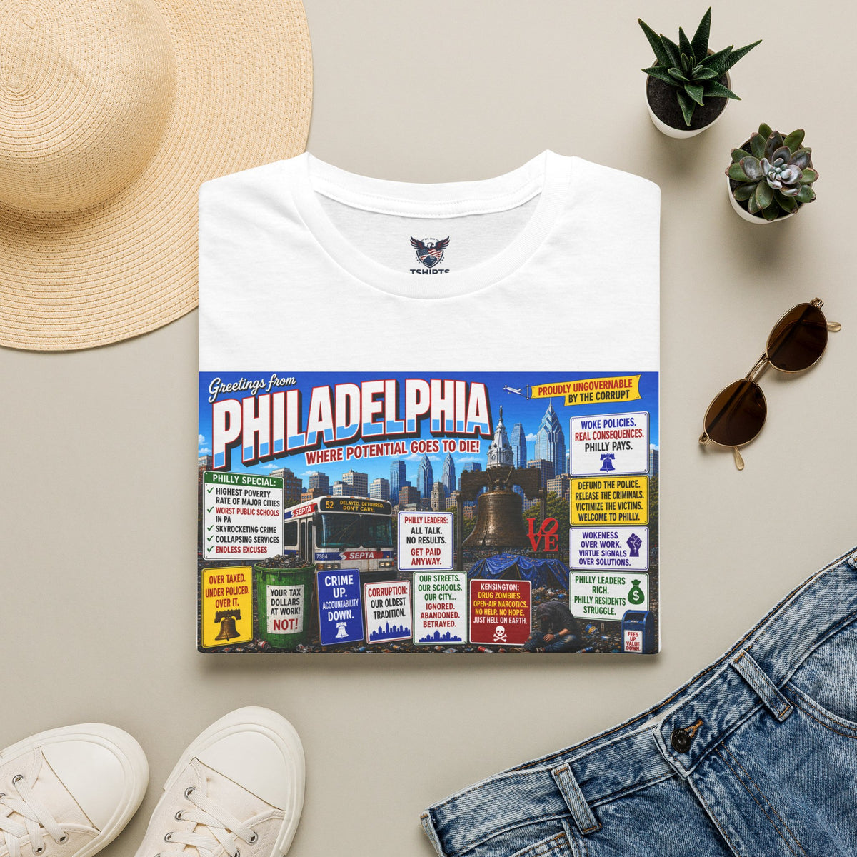 "Trump Patriot Shirt | America First T-Shirt | Conservative Republican Apparel | God Family Country Tee" |Philadelphia Collage T-Shirt | City Landmarks, Historic Icons, Skyline