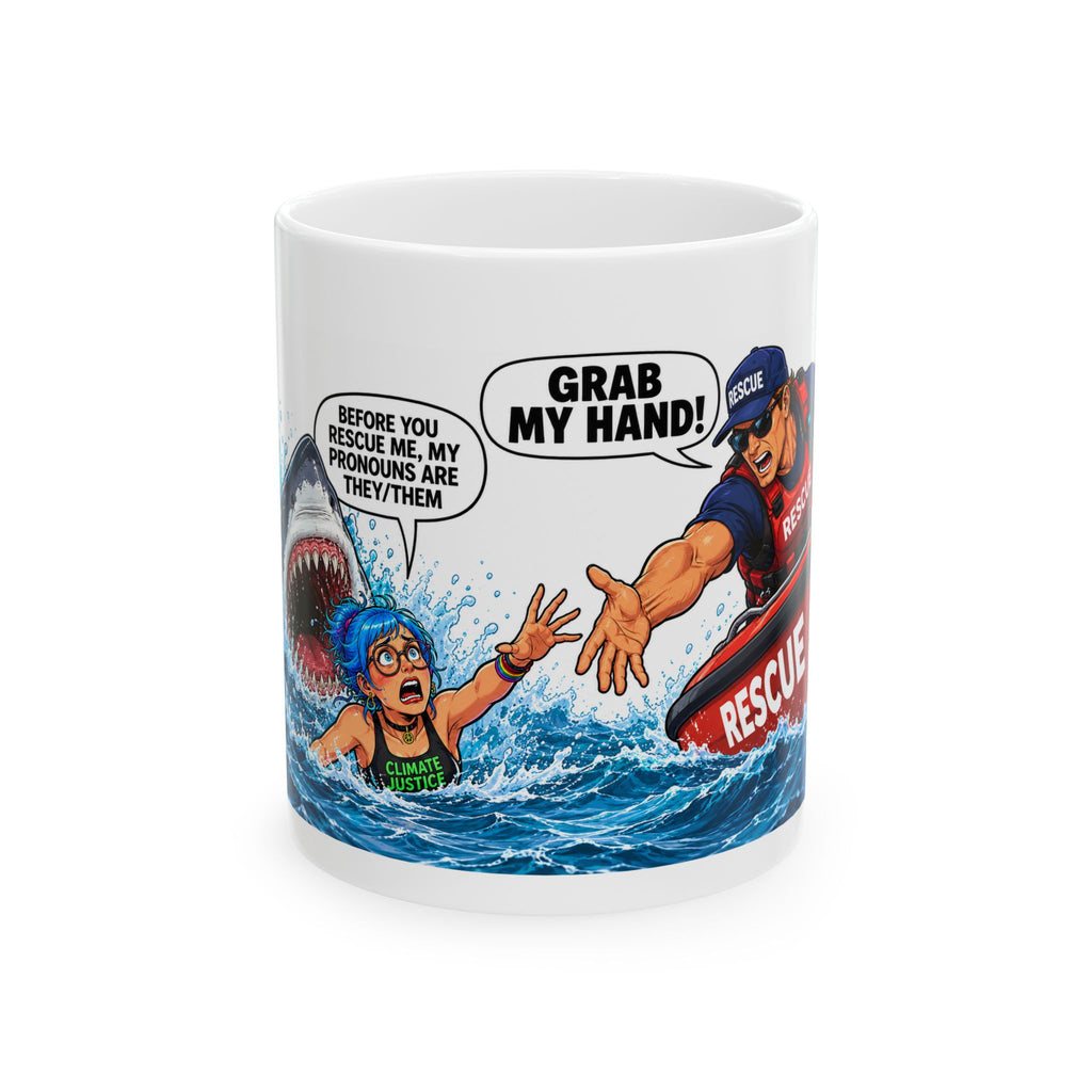 Woke Woman Focused on Pronouns Rather Than Life — Funny Rescue Lifeguard Cartoon with "Grab My Hand!" & Pronouns Joke