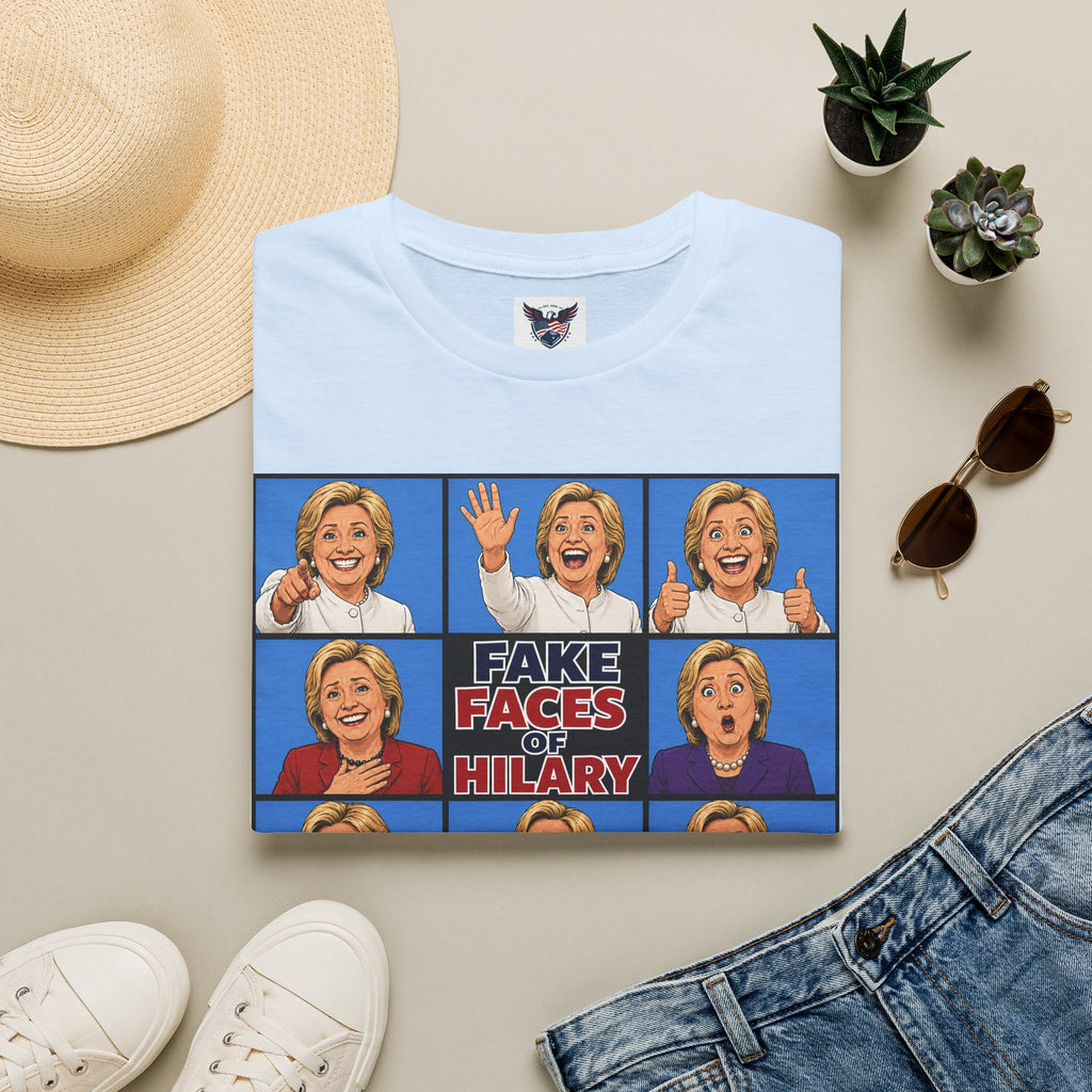 Political Parody T-Shirt — "Fake Faces of Hilary" Graphic Tee