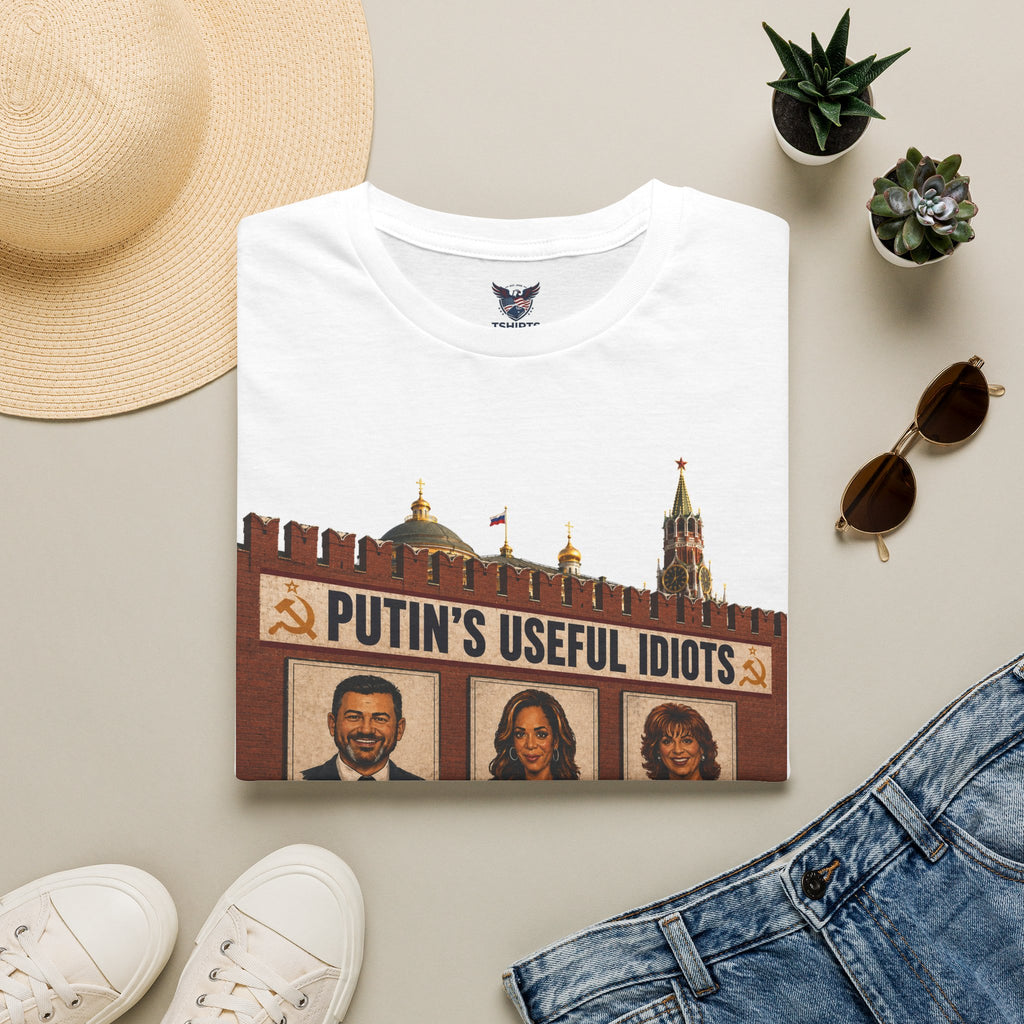 "Trump Patriot Shirt | America First T-Shirt | Conservative Republican Apparel | God Family Country Tee" | anti-woke tshirt | Putin's Useful Idiots T-Shirt | Political Satire Kremlin Billboard Design
