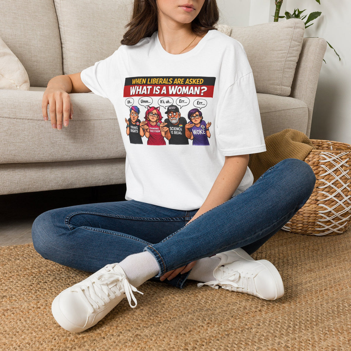 TRUMP CONSERVATIVE MAGA REPUBLICAN What Is A Woman? Cartoon Characters T-Shirt | Political Satire Tee