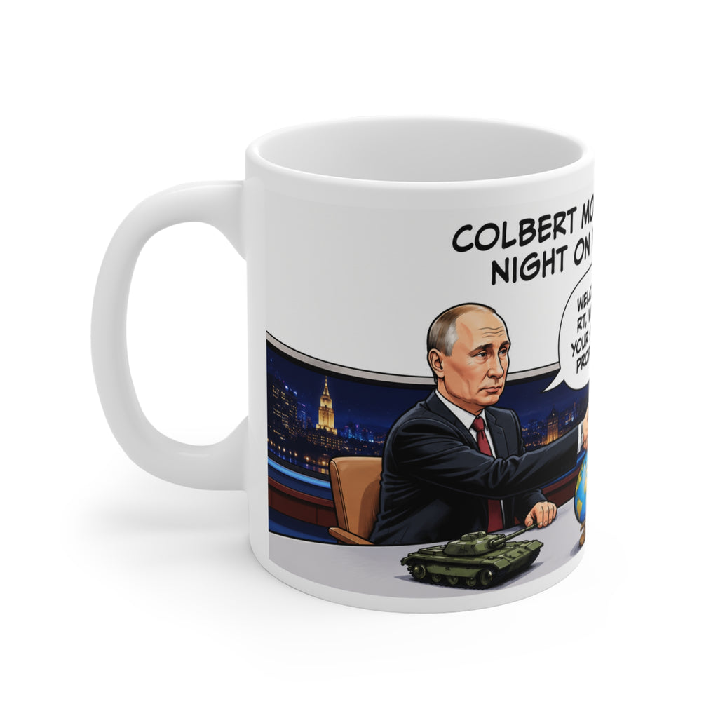 COLBERT SATIRE MUG 11oz Political Cartoon Mug — “Welcome to RT, We Love Your Style of Propaganda”