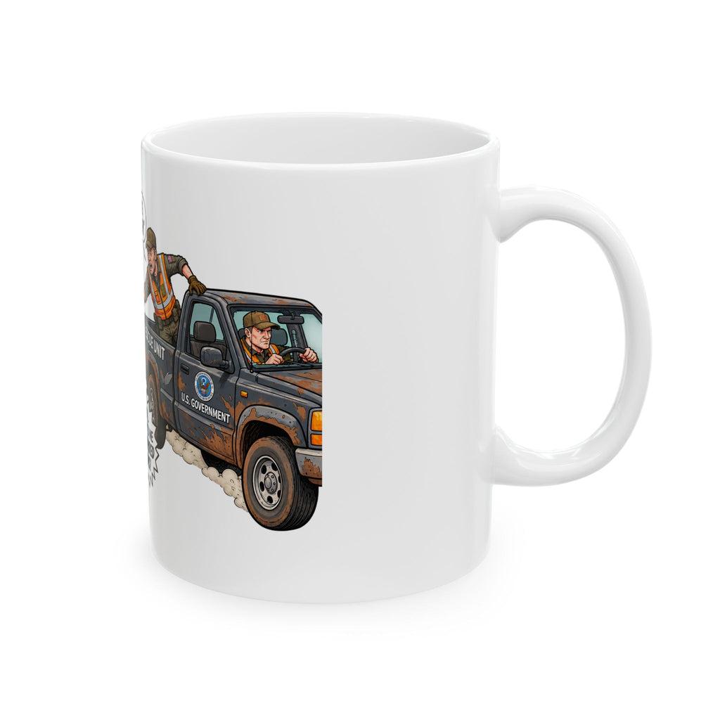 Funny Woke Woman Being Chased By Zombies Ceramic Mug — "We Don't Have a Second to Lose!" Pronouns Rescue Design (11oz, 15oz)