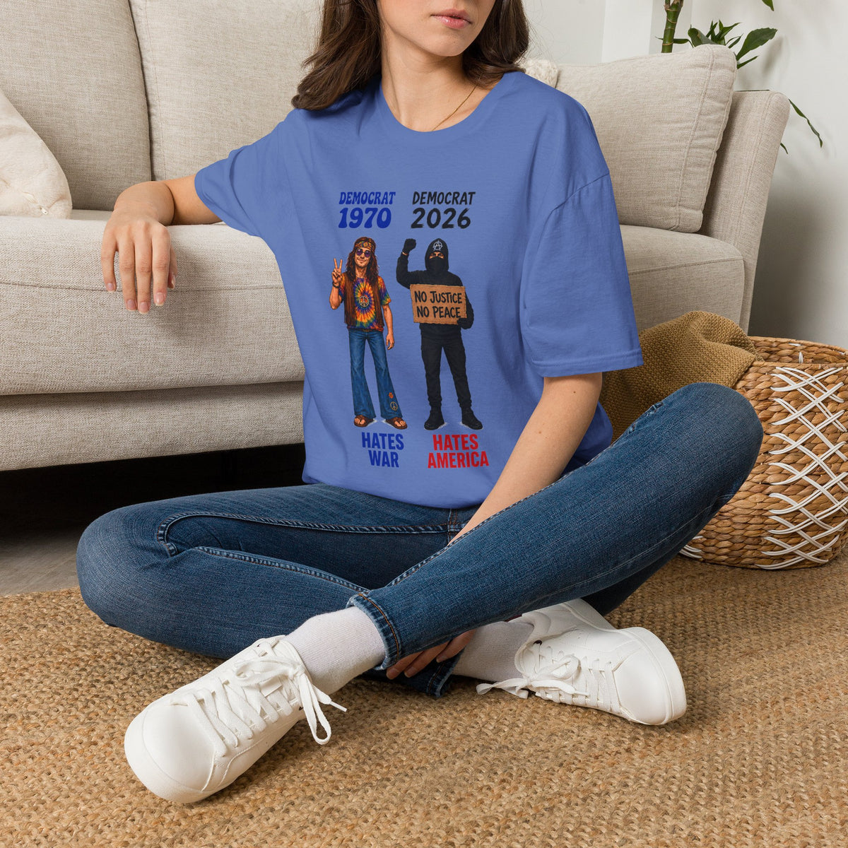 Democrat 1970 vs 2026 Political Comparison T-Shirt — "No Justice No Peace" Design