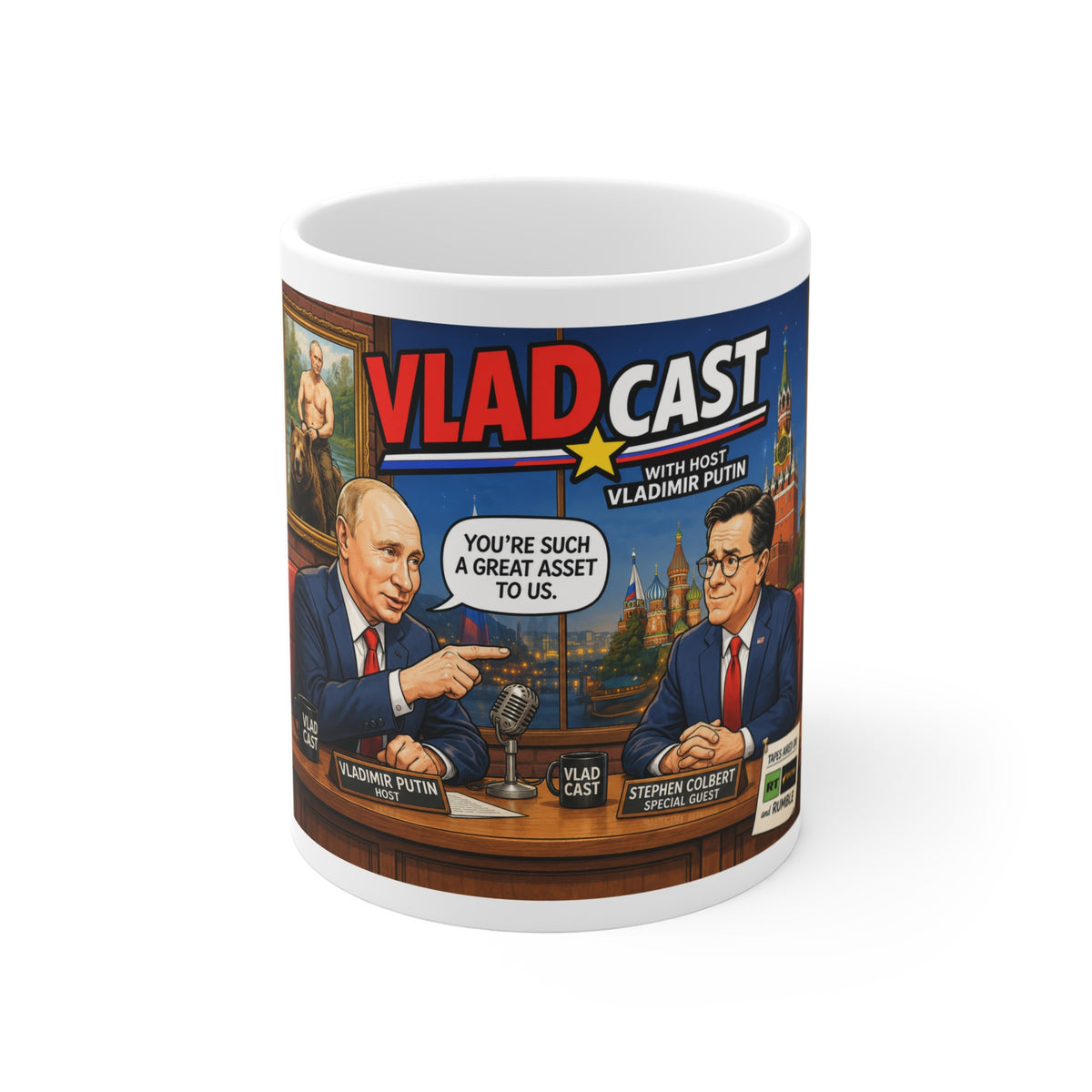 VLAD CAST PUTIN WITH COLBERT JOKE MUG Novelty Political Mug — 'VladCast' Talk Show Design