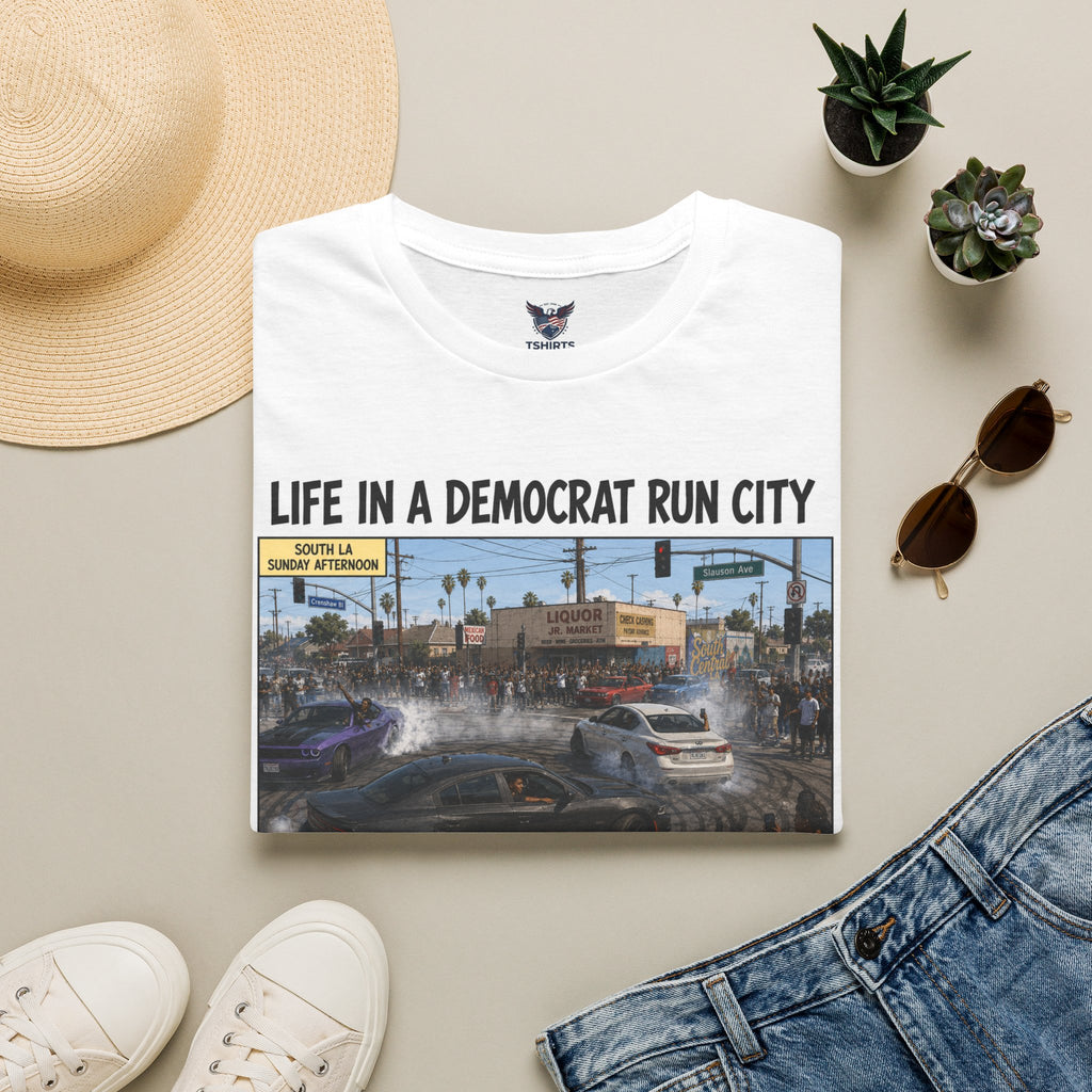 "Trump Patriot Shirt | America First T-Shirt | Conservative Republican Apparel | God Family Country Tee" | anti-woke tshirt |Life in a Democrat-Run City T-Shirt | Political Satire, Urban Chaos